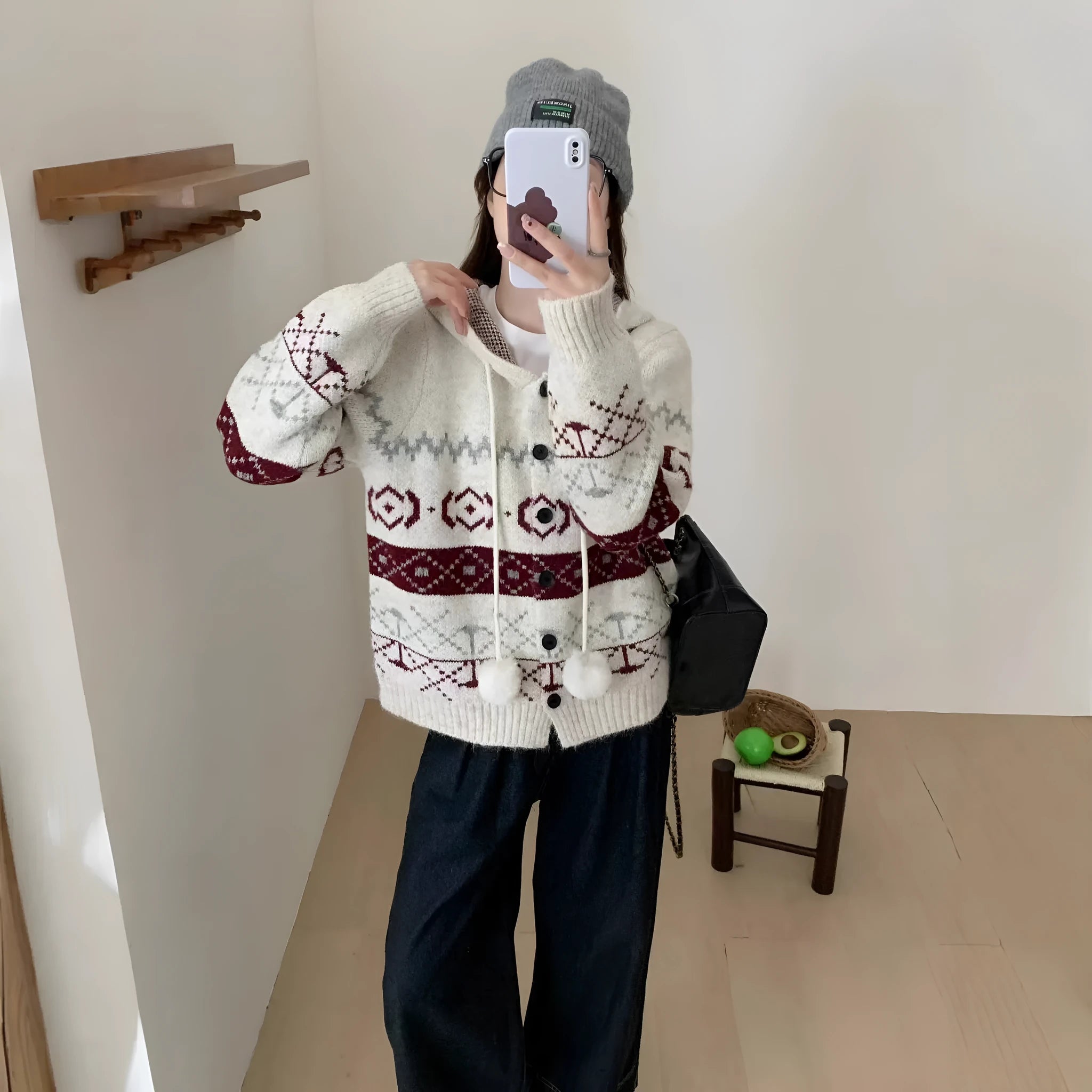 Women's brocade sweater coat with geometric pattern in milky white colour