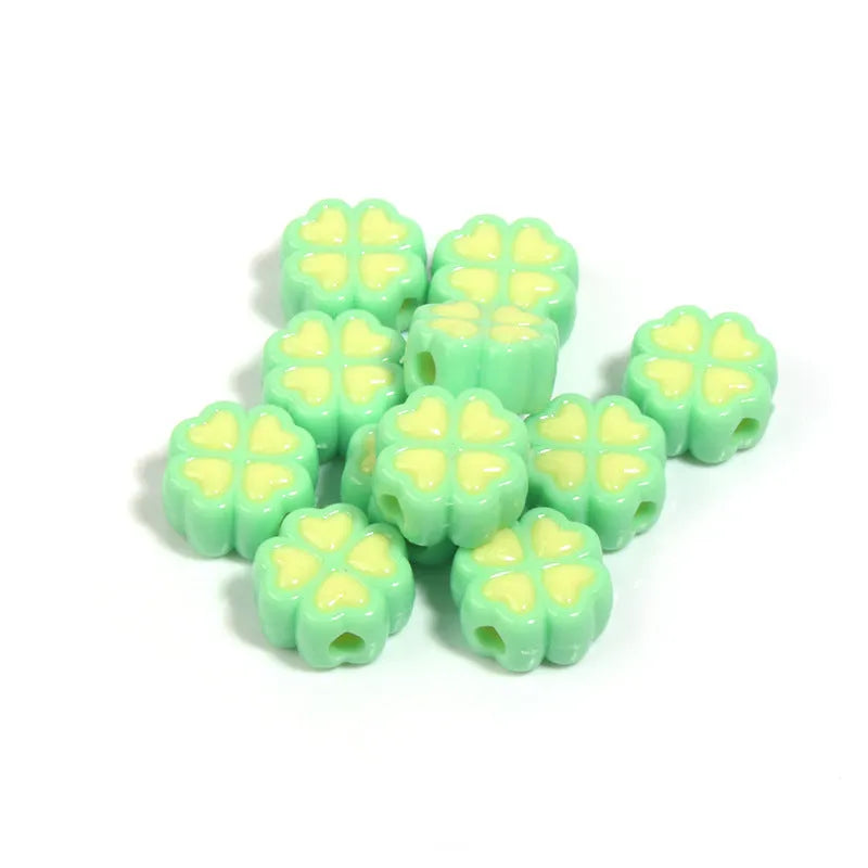 Acrylic four-leaf clover beads in mixed colours with frosted finish, 15mm diameter for jewellery making