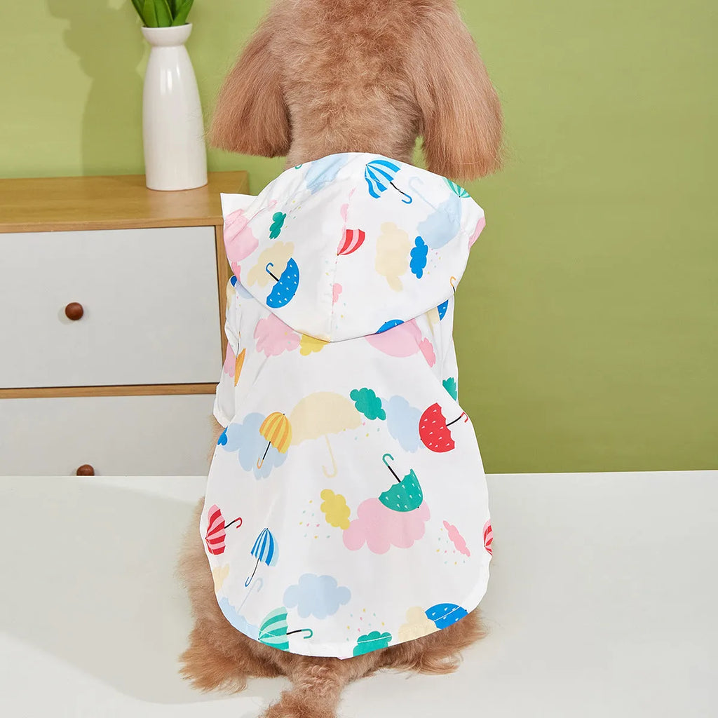 Dog wearing cartoon umbrella pattern polyester raincoat in waterproof fabric