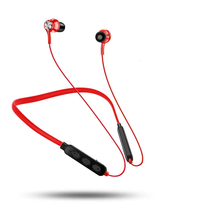 G03 sports Bluetooth earphones with neckband design in black, red, or white colours showing earpieces and control module