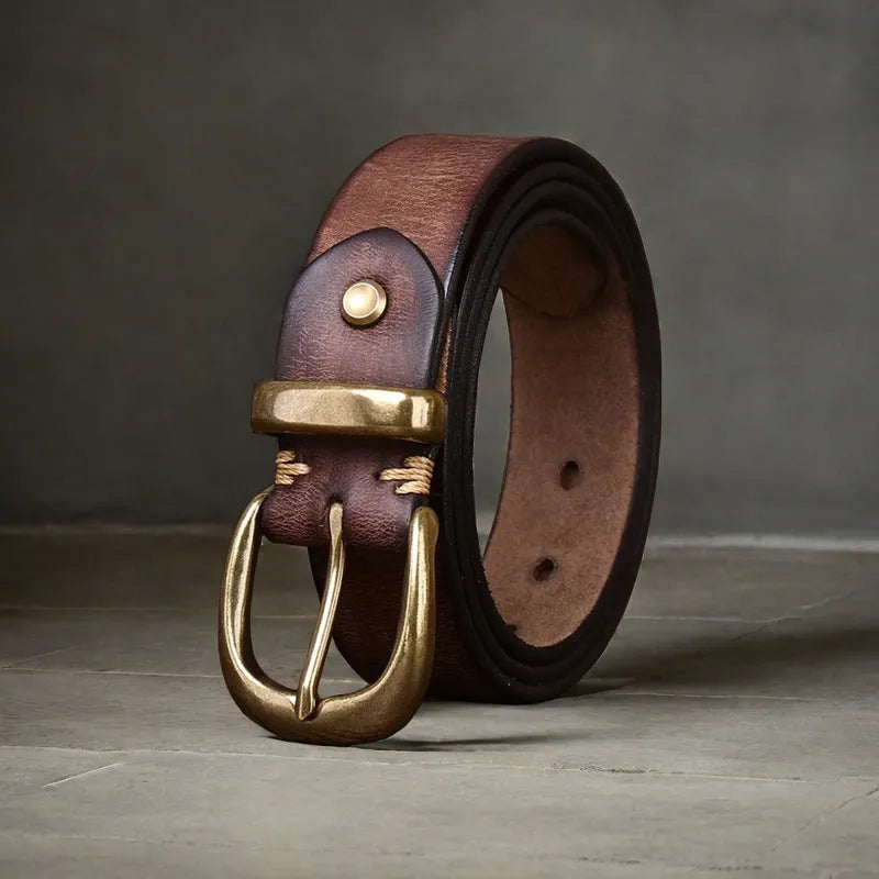 Men's casual belt in first layer cowhide leather with copper pin buckle, showing adjustable length from 95-125 cm