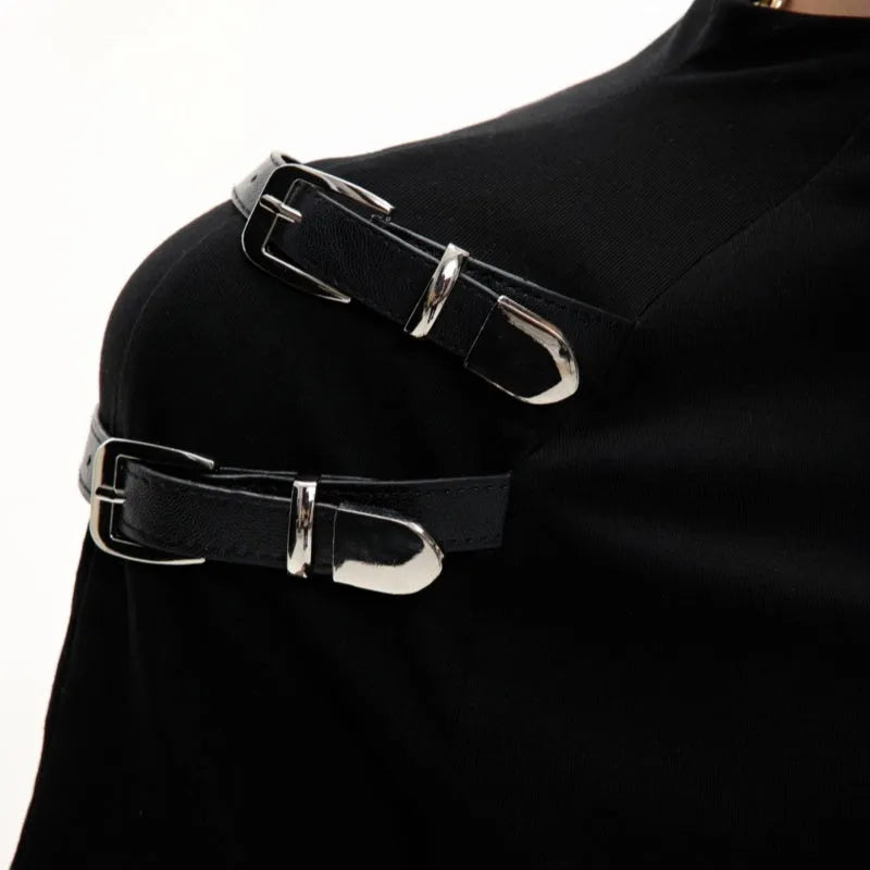 Men's slim fit cotton T-shirt with stand-up collar and metal belt detail in black