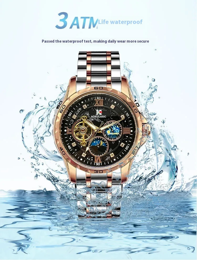 Men's automatic mechanical watch with rose gold shell and black dial showing 42mm diameter