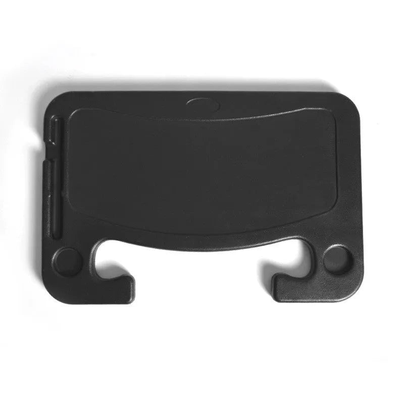 Black plastic car computer desk and dining tray measuring 42 x 28cm on a car seat