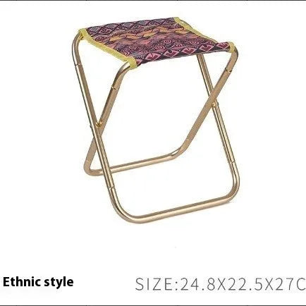 Black aluminium folding camping stool with ethnic patterning in folded and unfolded positions