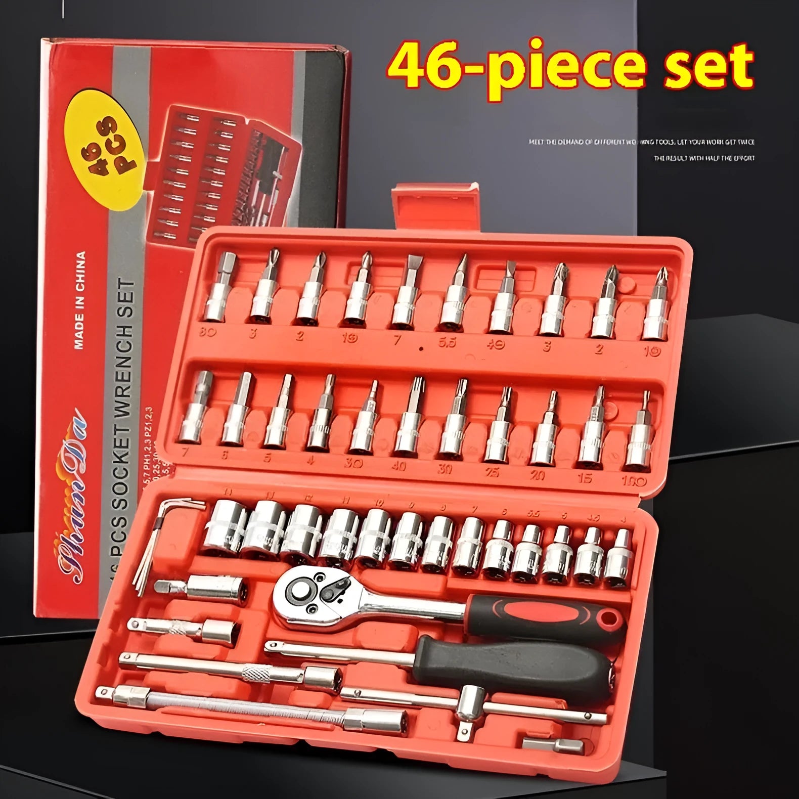 53-piece red and black socket wrench tool set in storage box for home maintenance