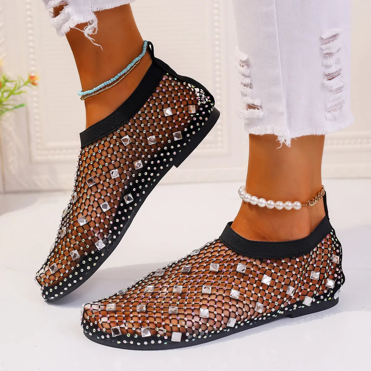 Women's colourful mesh flat sandals with rhinestone decoration and round toe
