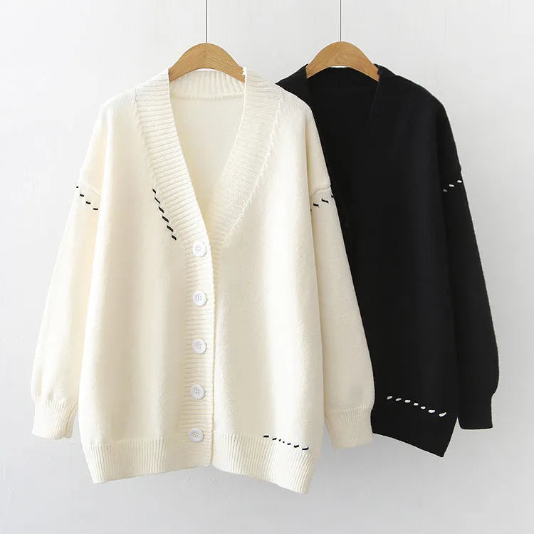 Women's black polyester knitted cardigan top coat with long sleeves and loose fit