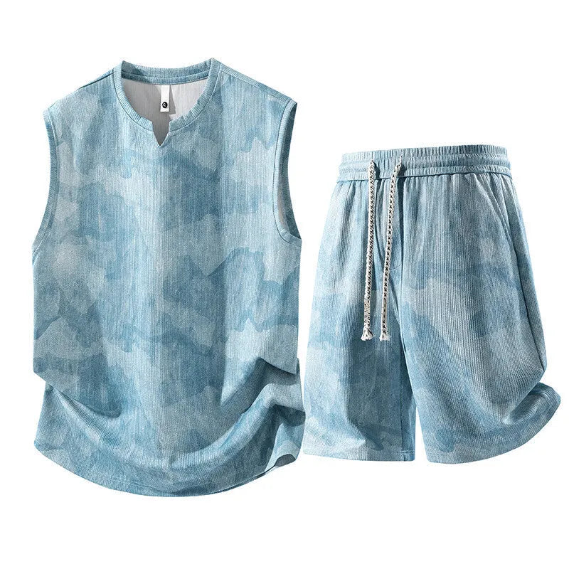 Plus size women's sleeveless vest suit two-piece set in black blue with matching shorts and vest top