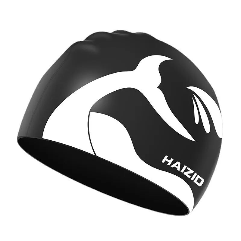 Whale tail pattern silicone swimming cap with waterproof ear protectors in multiple colour options