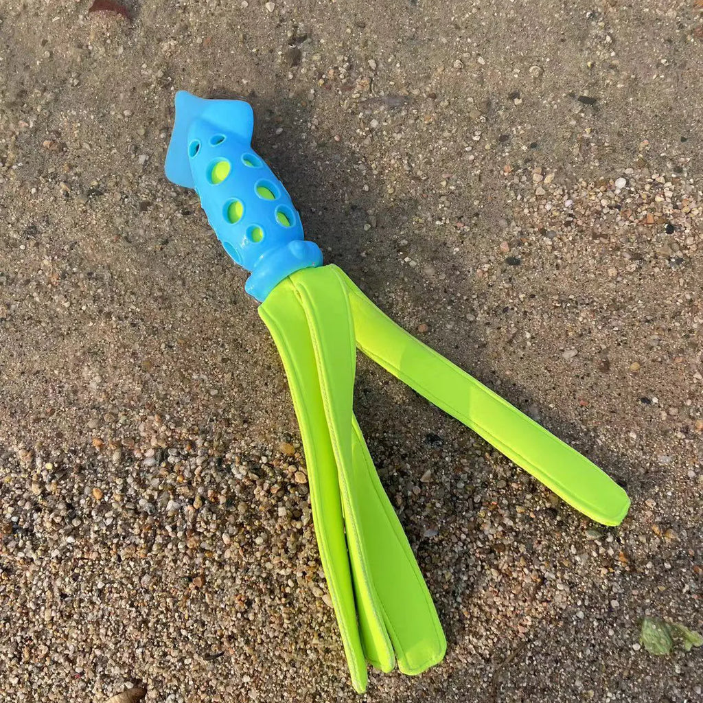 Blue squeaky cuttlefish dog toy for teeth cleaning and fetch, 39 cm, rubber and waterproof cloth