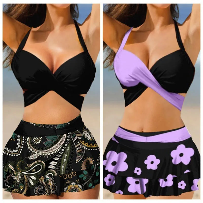Women's purple bikini swimsuit with split skirt and lace-up detail, high waist backless design