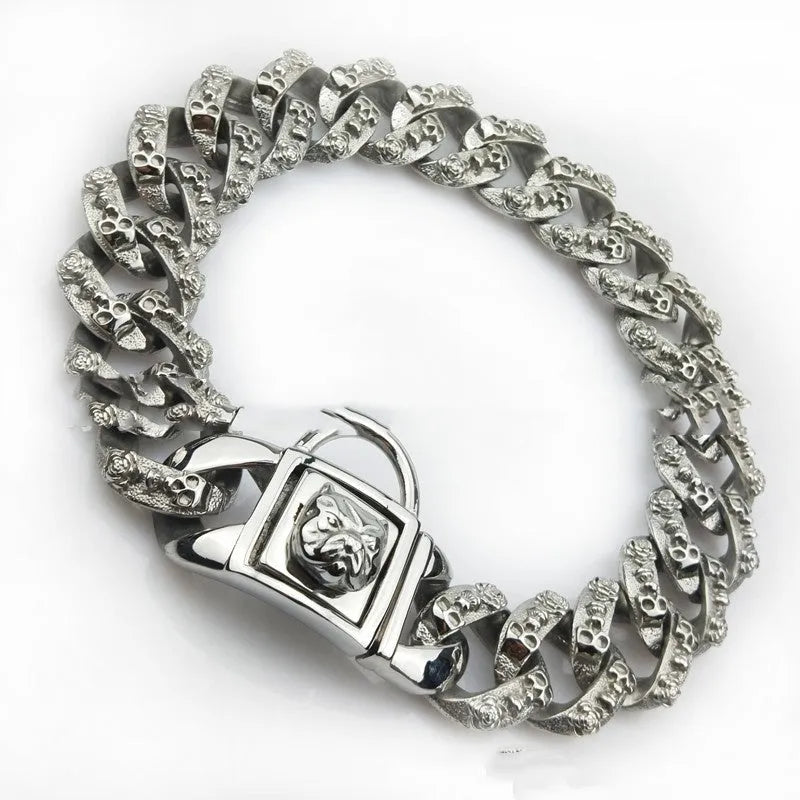 Stainless steel skull dog collar necklace in gold finish with 32mm width and chain links