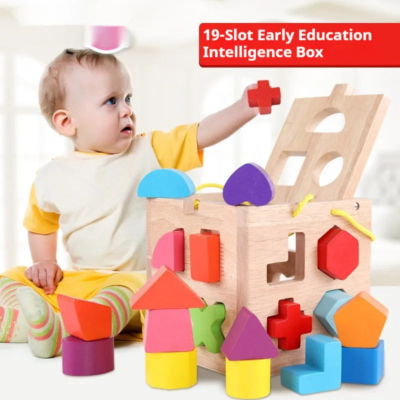 Wooden geometric shape matching baby building blocks set with 12-hole smart box in colour packaging for infants
