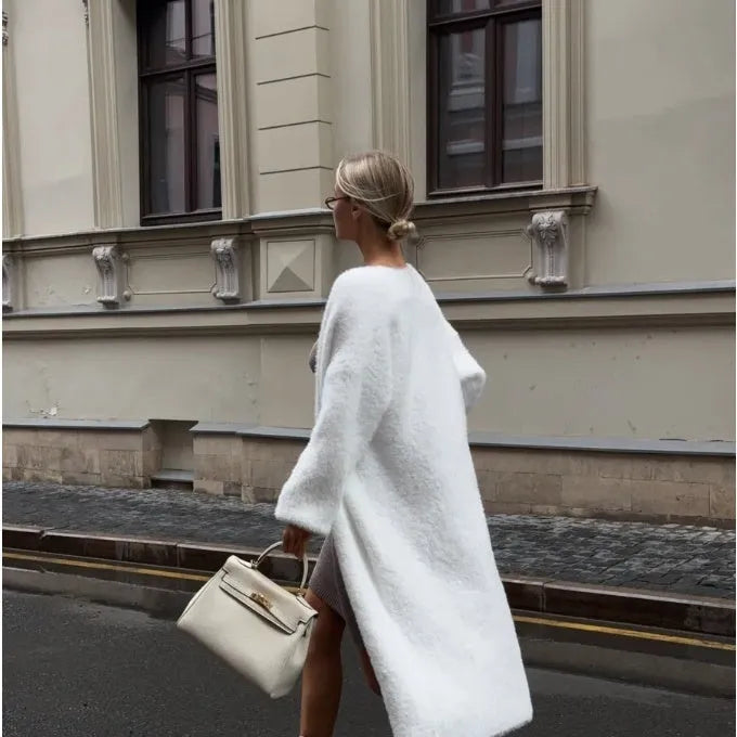 White women's knitted cardigan jacket with 105cm extended length and loose fit