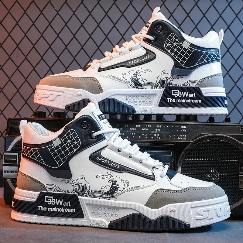 Men's beige high-top board shoes with lace-up front and flat rubber sole on a white background.