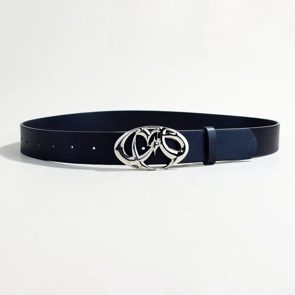 Silver buckle casual belt with PU leather strap showing snap button fastening