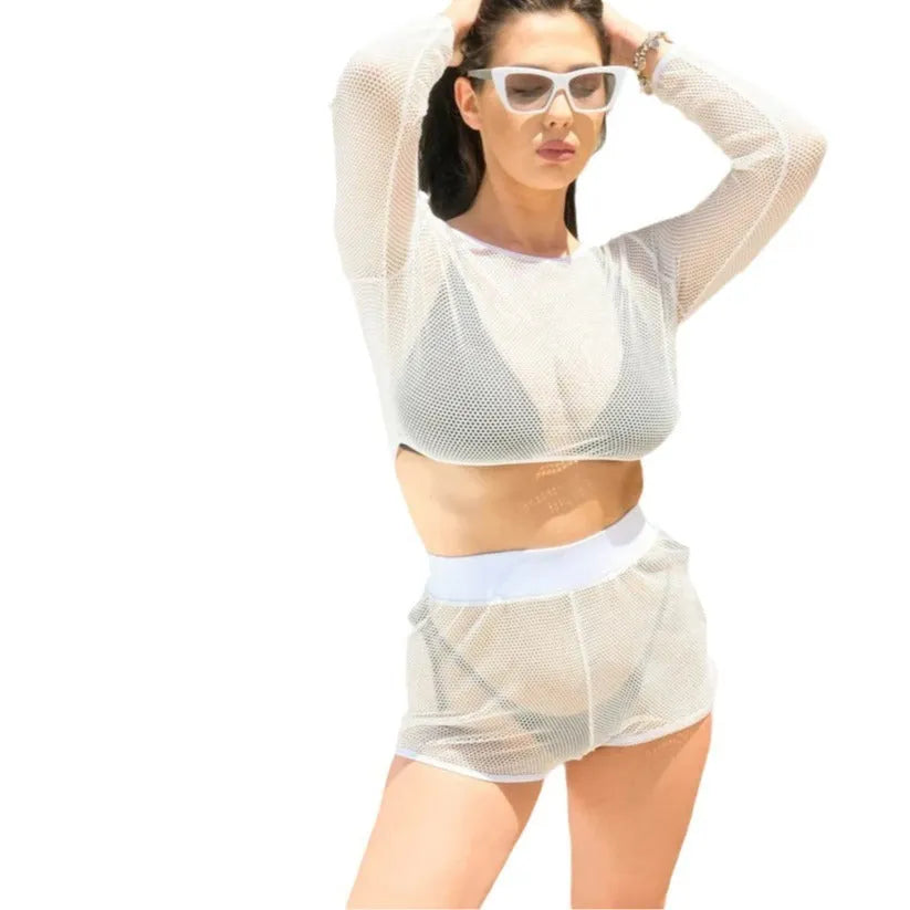 White transparent women's swimsuit with breathable straps for beach sun protection