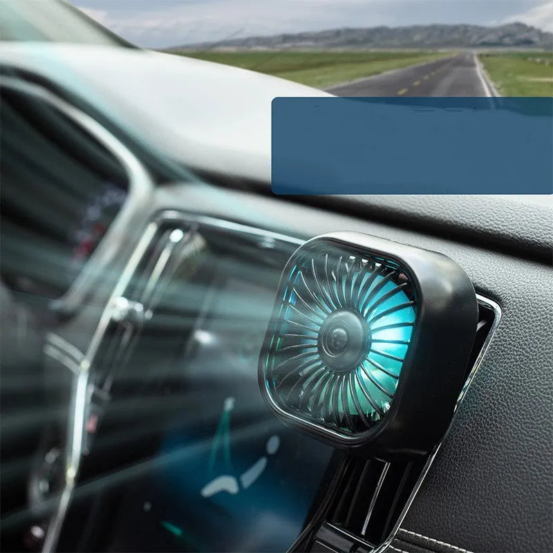 USB car fan in black with three speed settings for air outlet installation