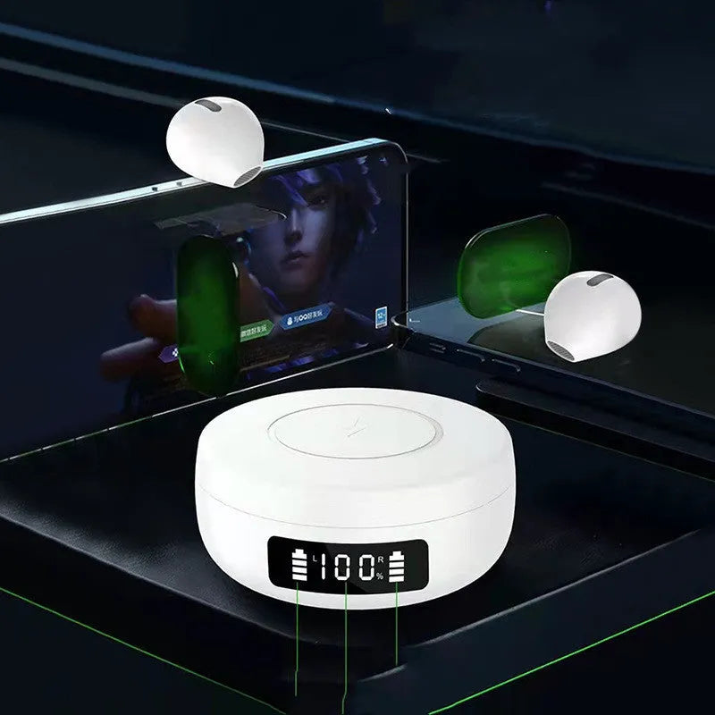Mini black and white semi-in-ear wireless headphones with their wireless charging compartment.