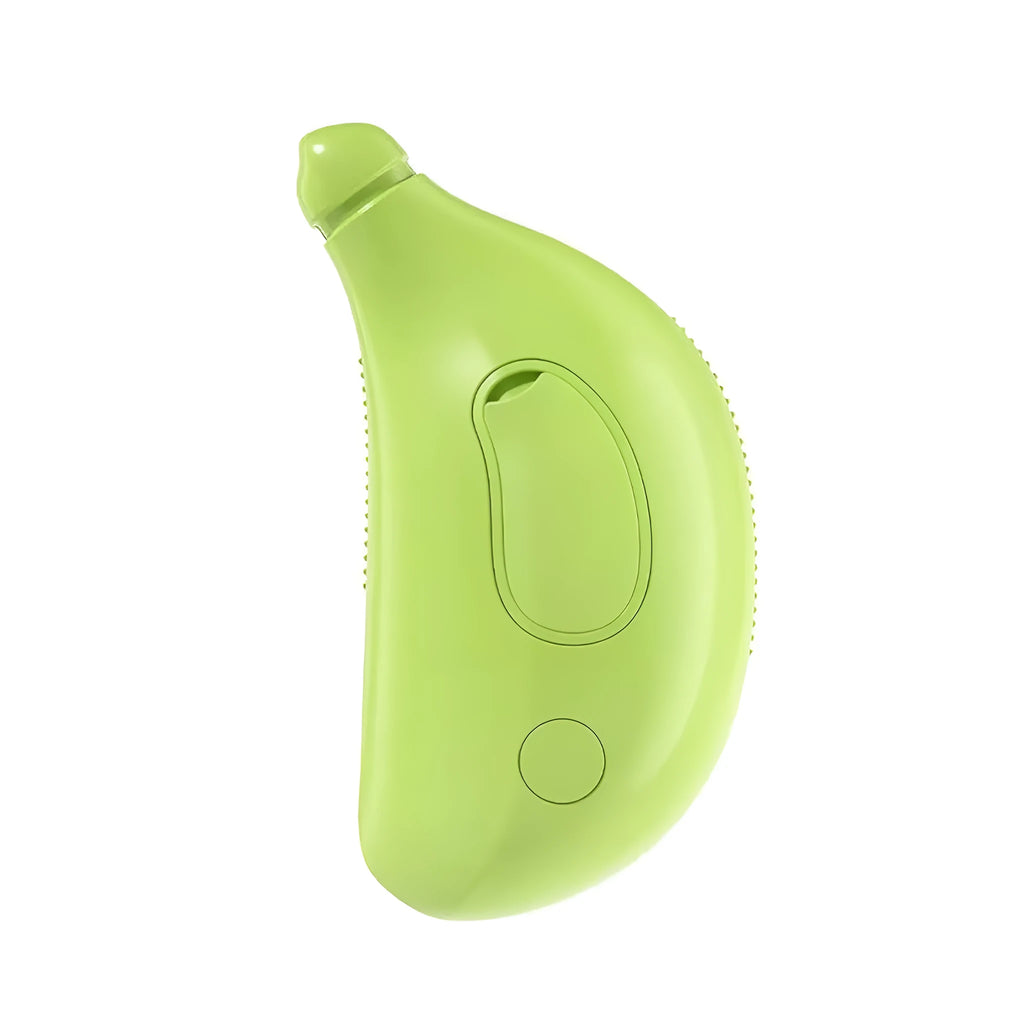 Green and yellow rechargeable steam cat brush with silicone paw-shaped bristles on a white background.