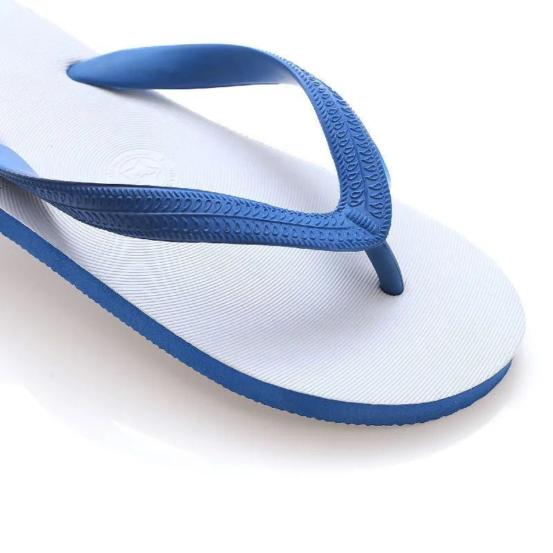 Rubber flip-flops with non-slip sole in green, red, blue, or black with fish label.