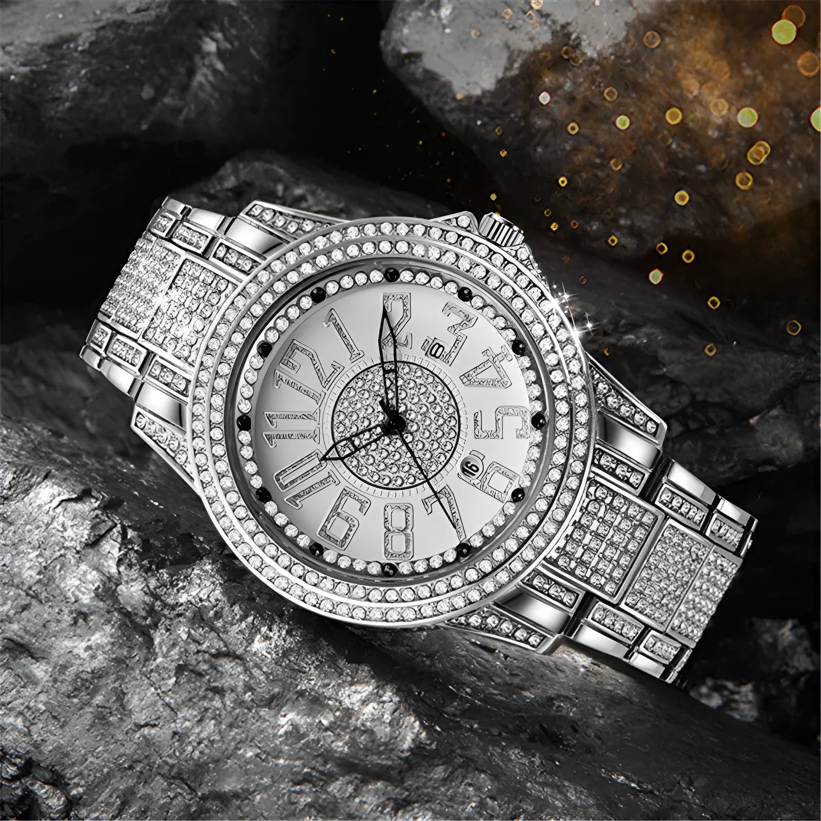 Men's alloy strap quartz date watch in black with 47mm case and diamond detailing