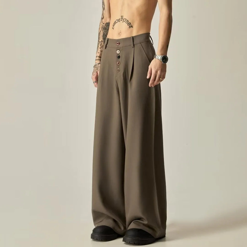 Men's solid colour wide-leg casual trousers in black with vertical tube design and button fastening