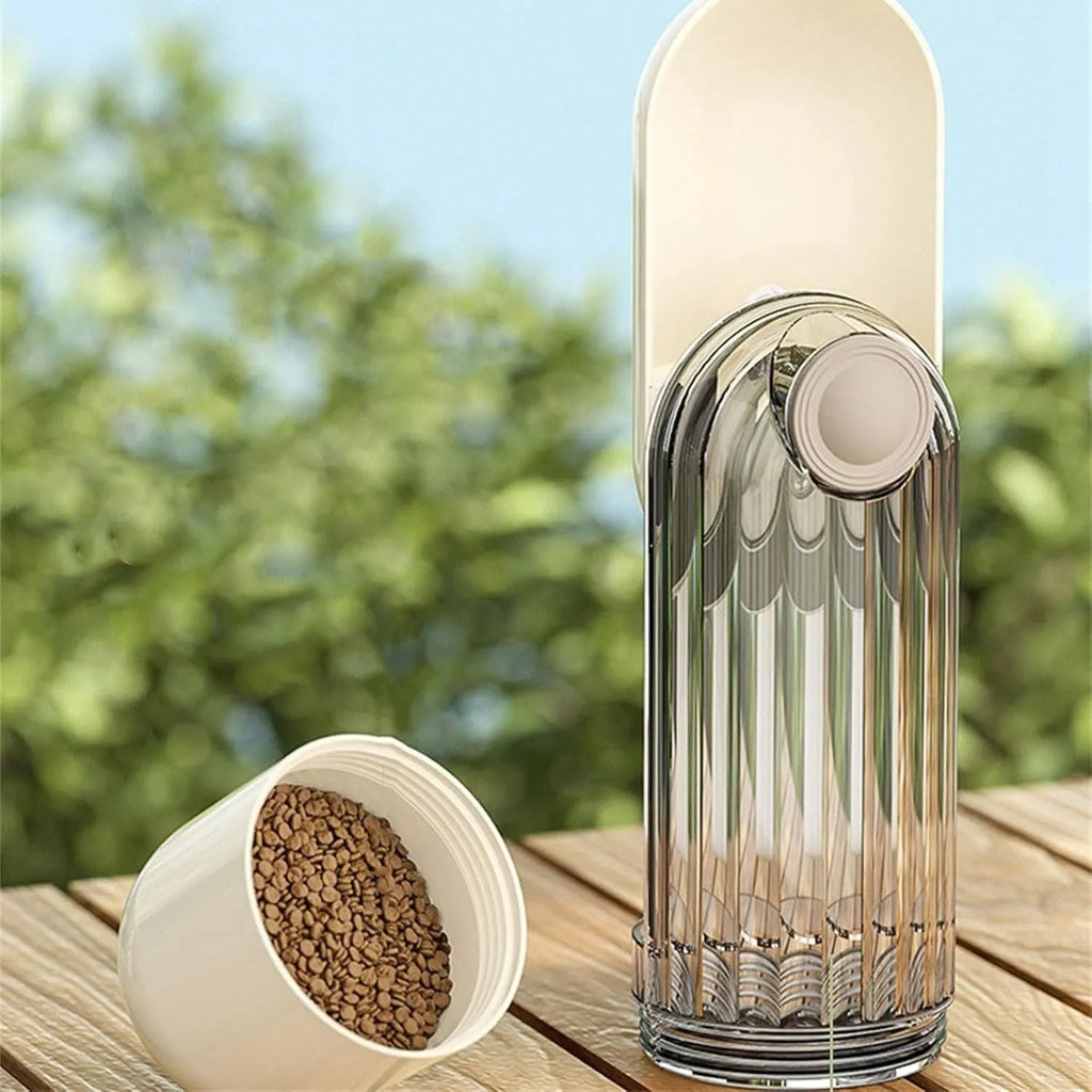 Beige and green foldable dog water bottle with food container, 21.5cm tall with leak-proof design