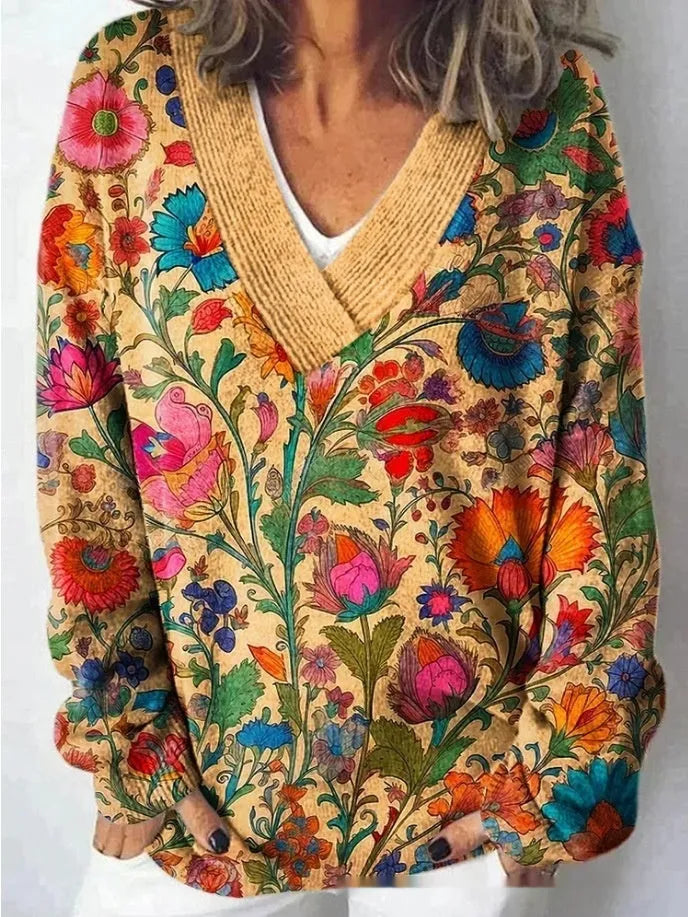 Women's V-neck long sleeve sweatshirt with a 3D floral print in an art retro style.