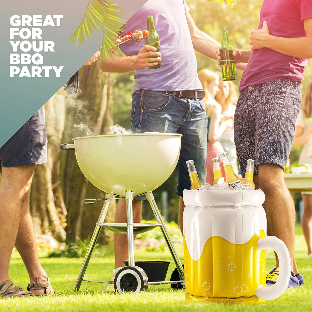 Yellow inflatable beer mug shaped cooler float with drink holders in a swimming pool