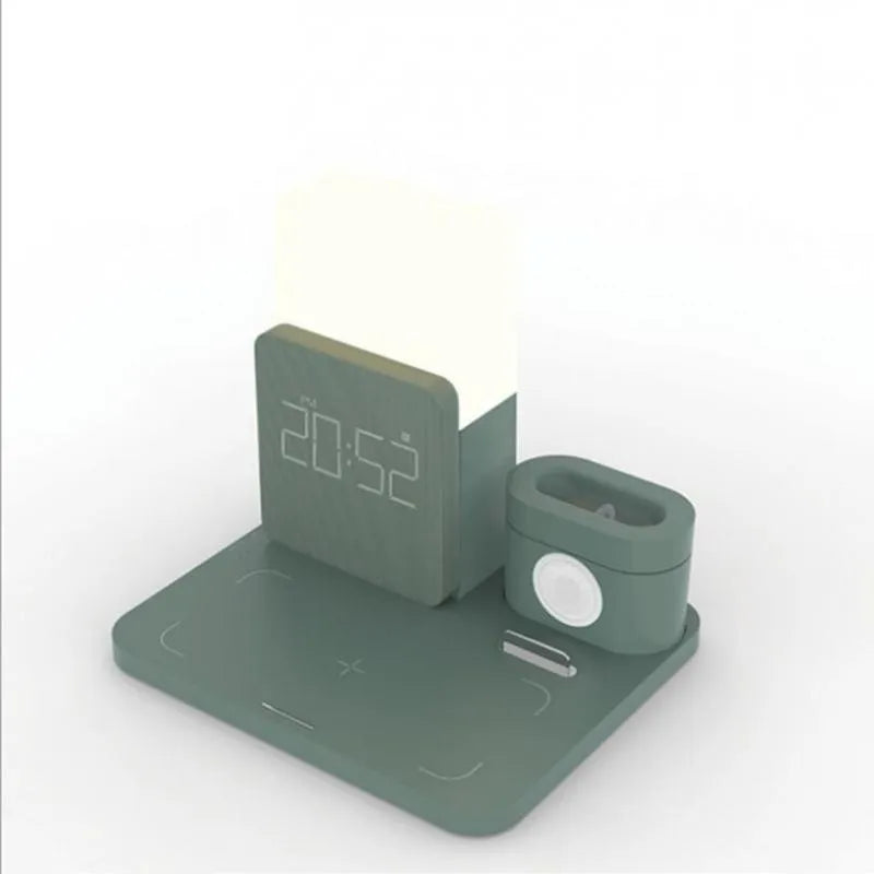 3-in-1 wireless charging stand in black showing slots for smartphone, smartwatch and earbuds case