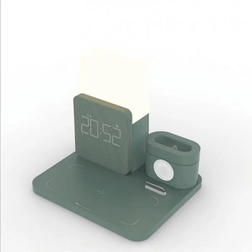 3-in-1 wireless charging stand in black showing slots for smartphone, smartwatch and earbuds case