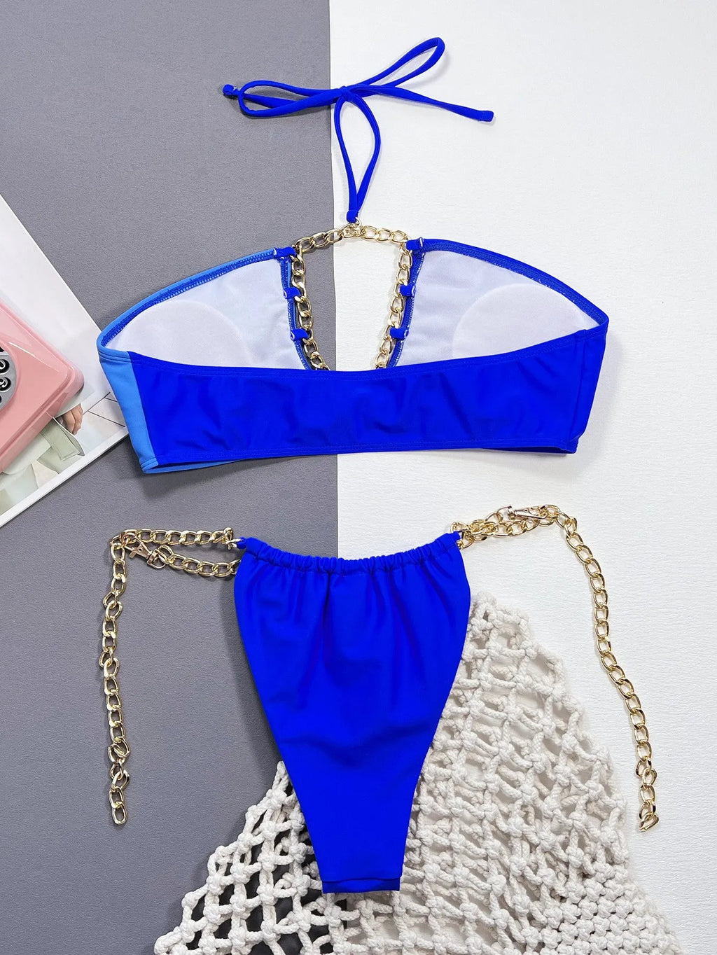 Blue solid colour nylon split bikini set for women, two-piece in sizes S M L