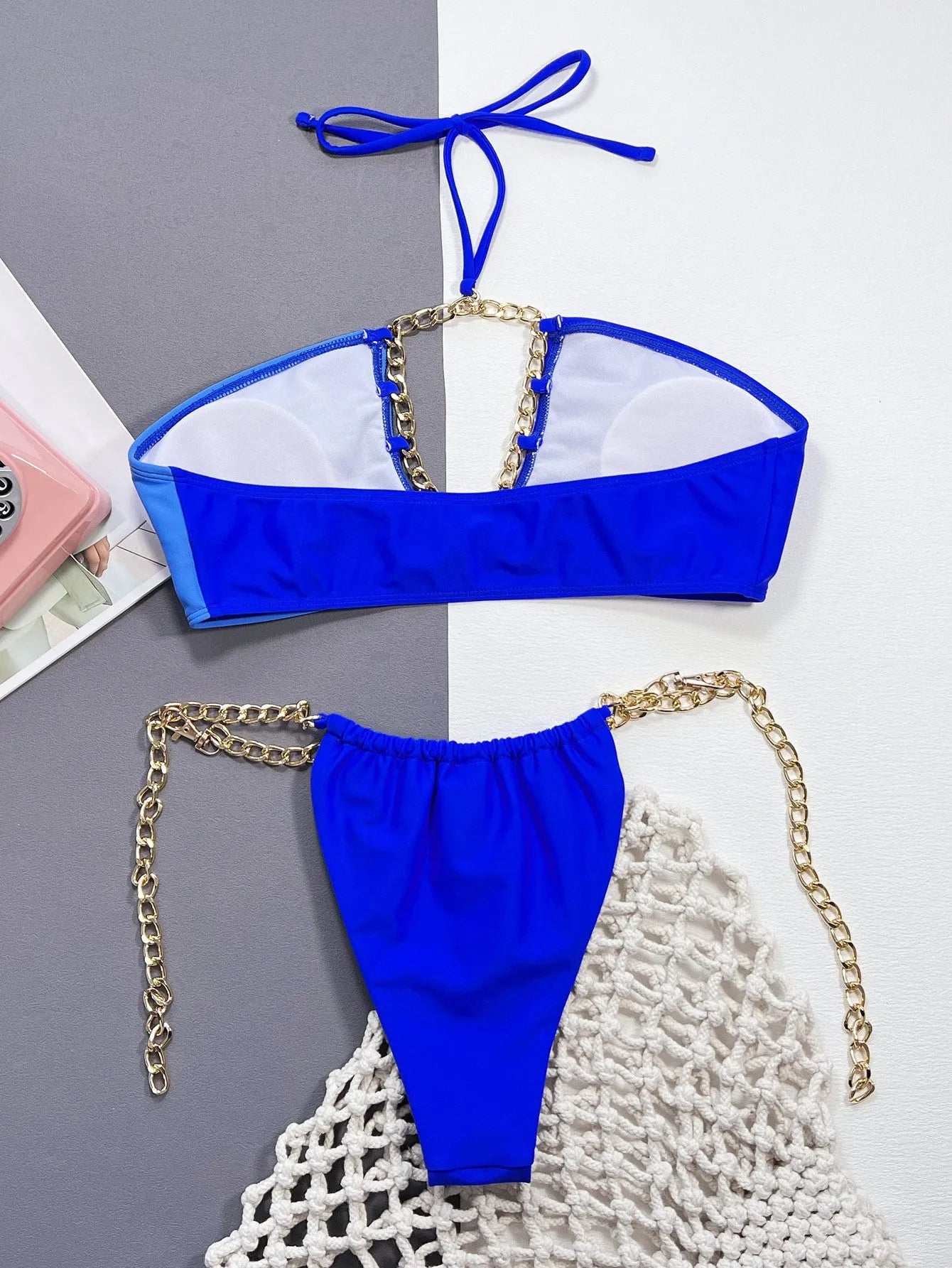 Blue solid colour nylon split bikini set for women, two-piece in sizes S M L