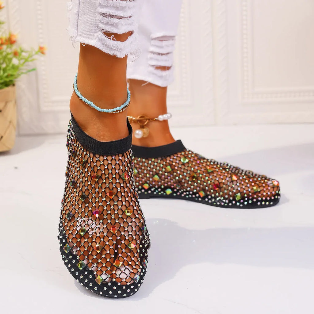 Women's colourful mesh flat sandals with rhinestone decoration and round toe