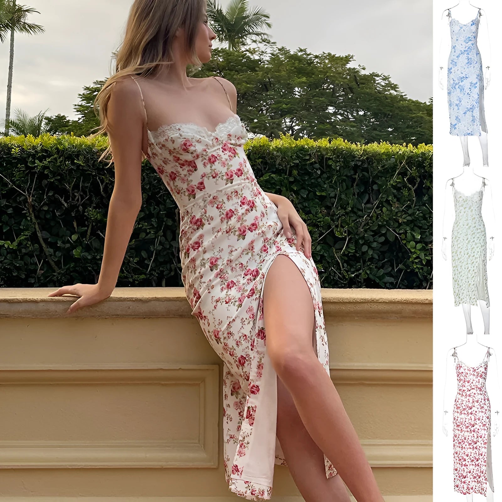 Blue lace floral print women's dress with suspender straps and a high thigh slit.
