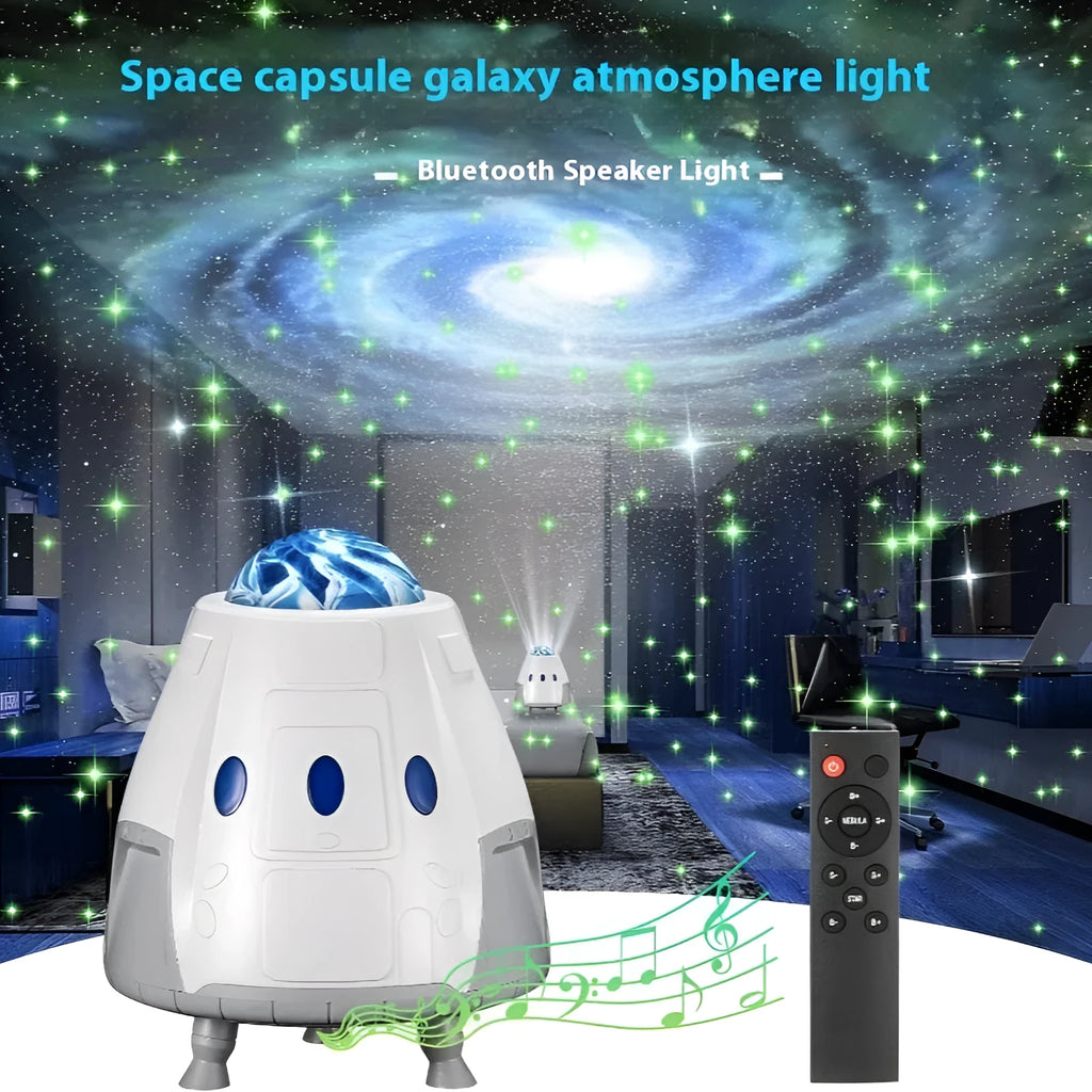 Creative USB space capsule starry atmosphere projection lamp in Space White with remote control on a bedside table