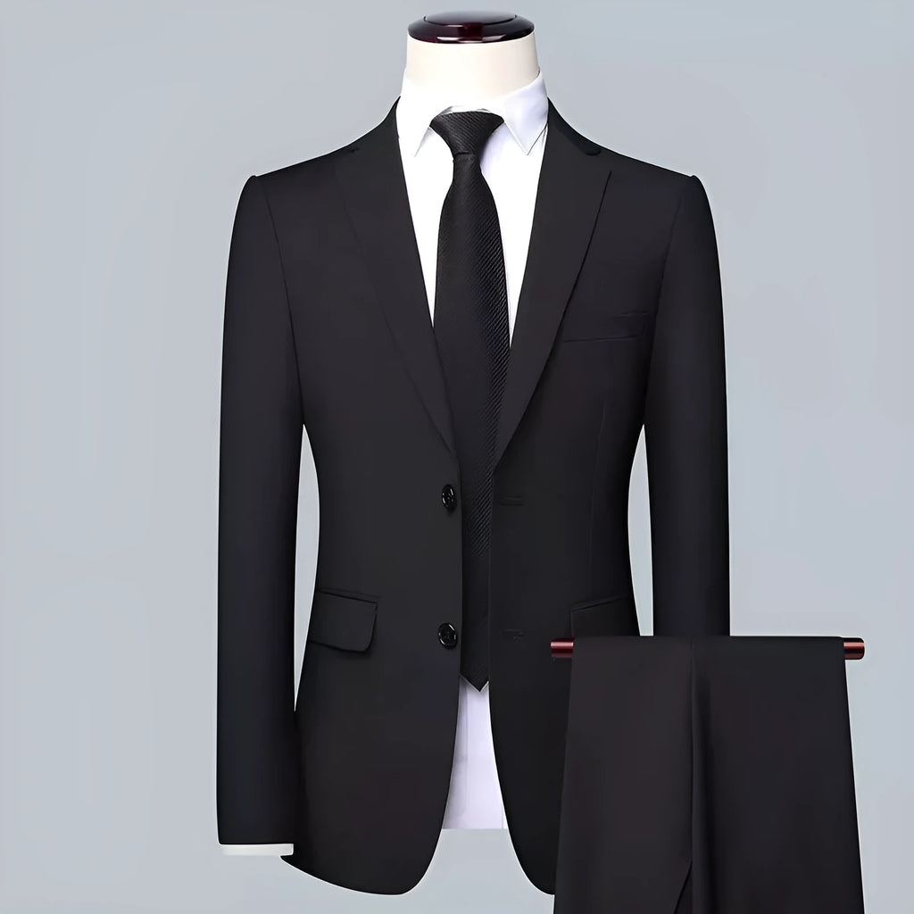 Men's three-piece slim fit Korean style business suit set in black with jacket, trousers, and tie