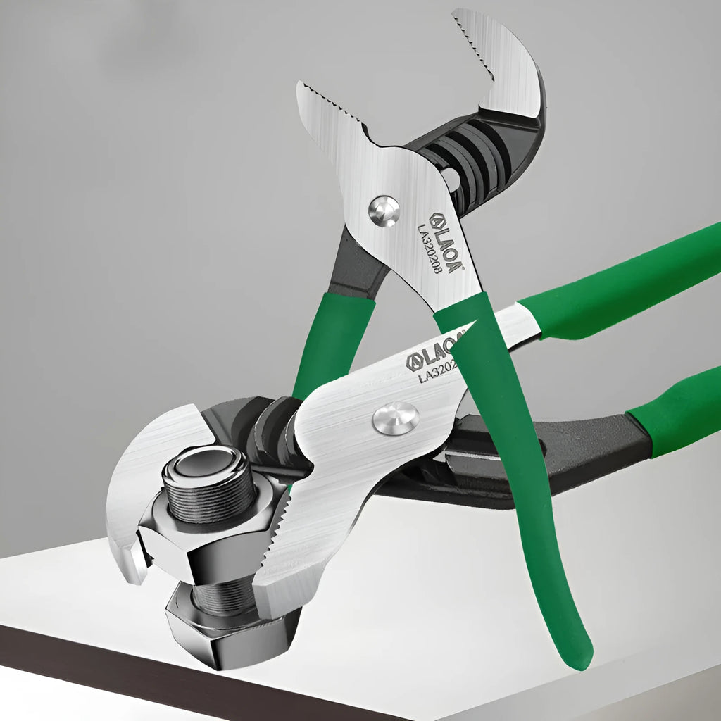 8 inch CR-V adjustable water pipe wrench with vinyl handle and deep teeth, open jaw showing multi-gear mechanism