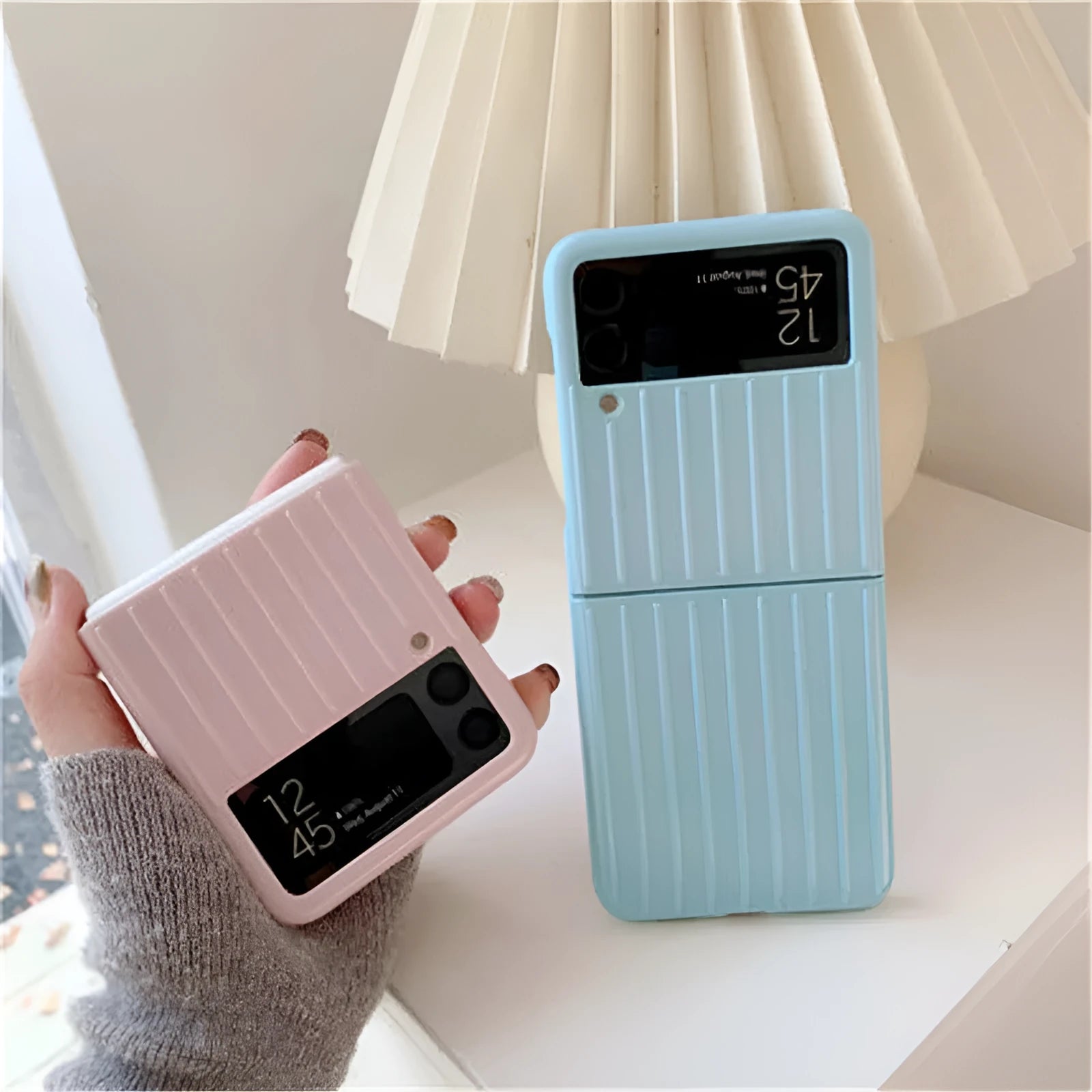 Samsung Z Flip3 ultra-thin PC phone case in seven colour options showing front and back views