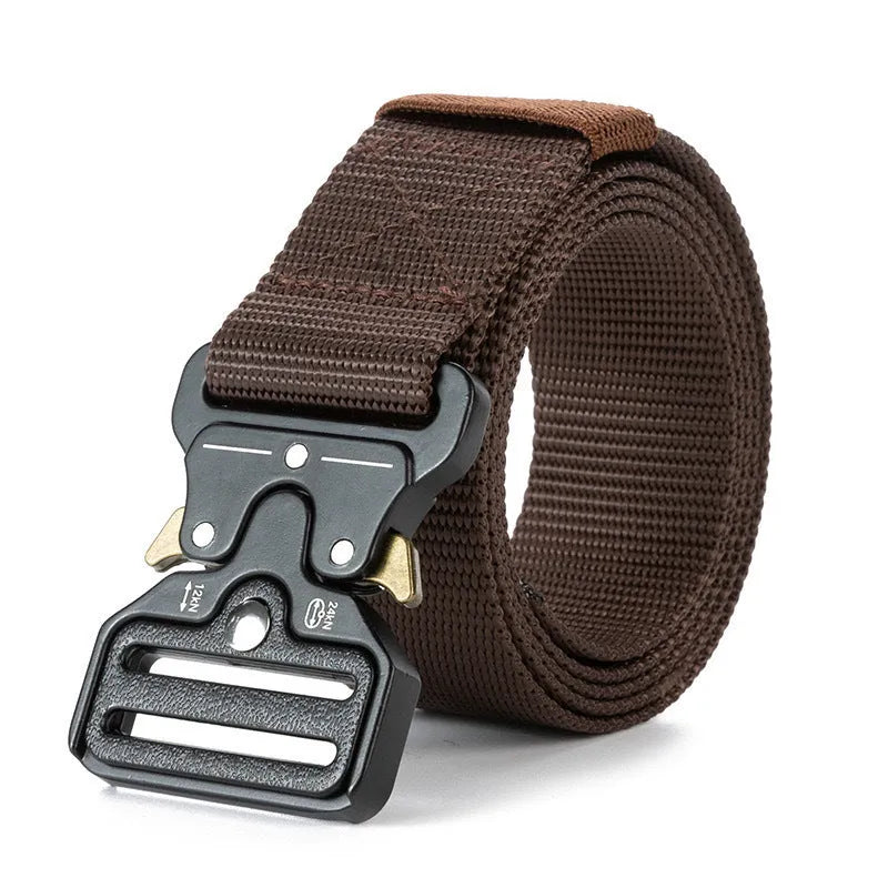 Men's thick canvas tactical belt with alloy release buckle in Army Green colour showing 120cm length