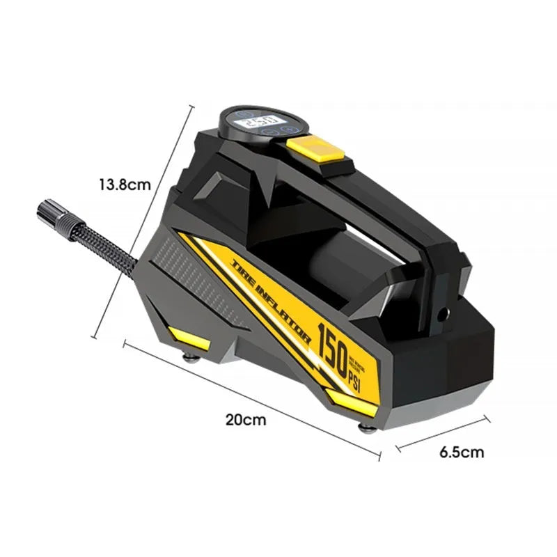 Black portable tyre inflator with digital display and LED light showing 12V car plug