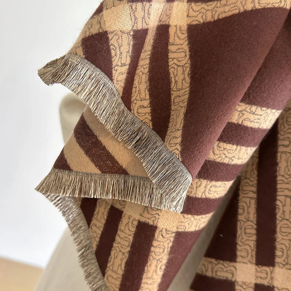 Qianjin imitation cashmere scarf in brown with tassel detailing, 185cm long and 65cm wide