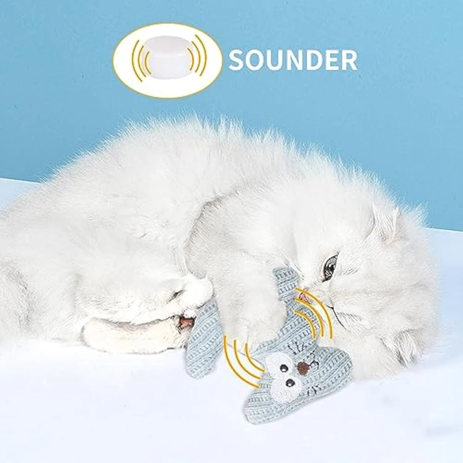 Cyan knitted plush catnip toy with bell, sized 12 by 11 centimetres.