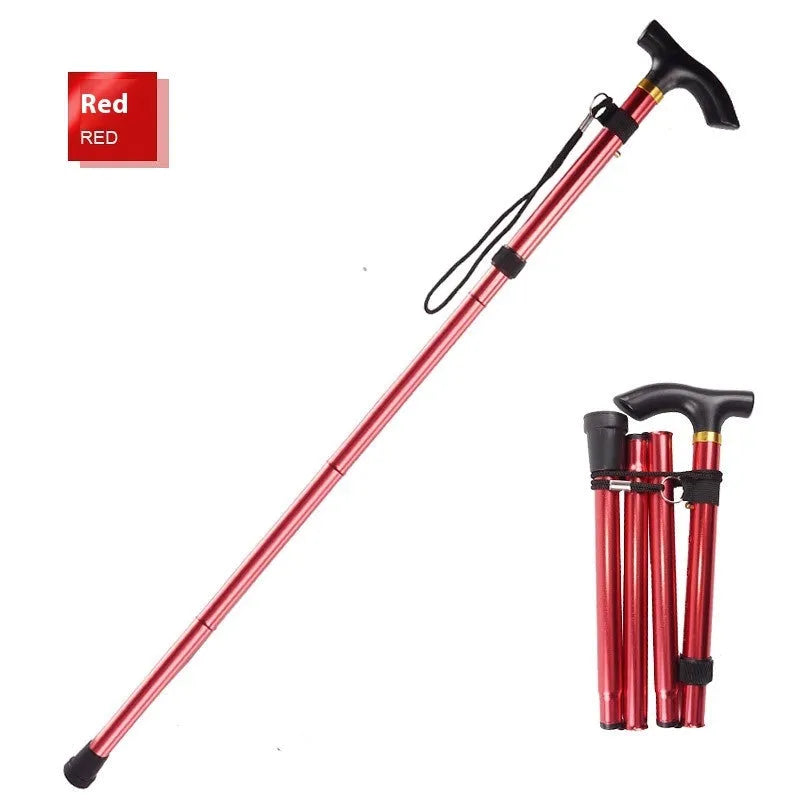 Aluminium alloy folding walking stick adjusted to show length, displayed in a choice of colours.