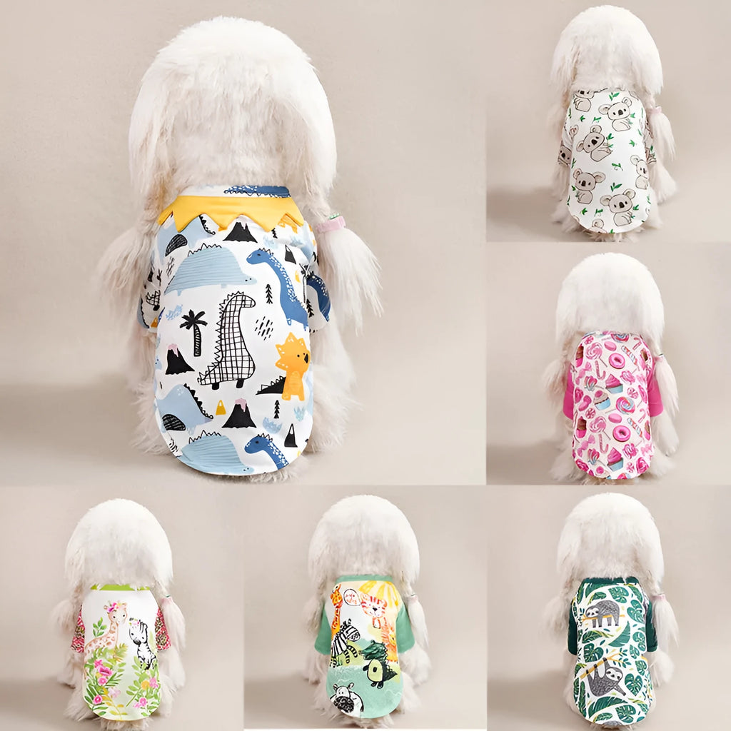 Colourful printed polyester t-shirt for a small dog, showing size options S, M, L, XL, XXL.