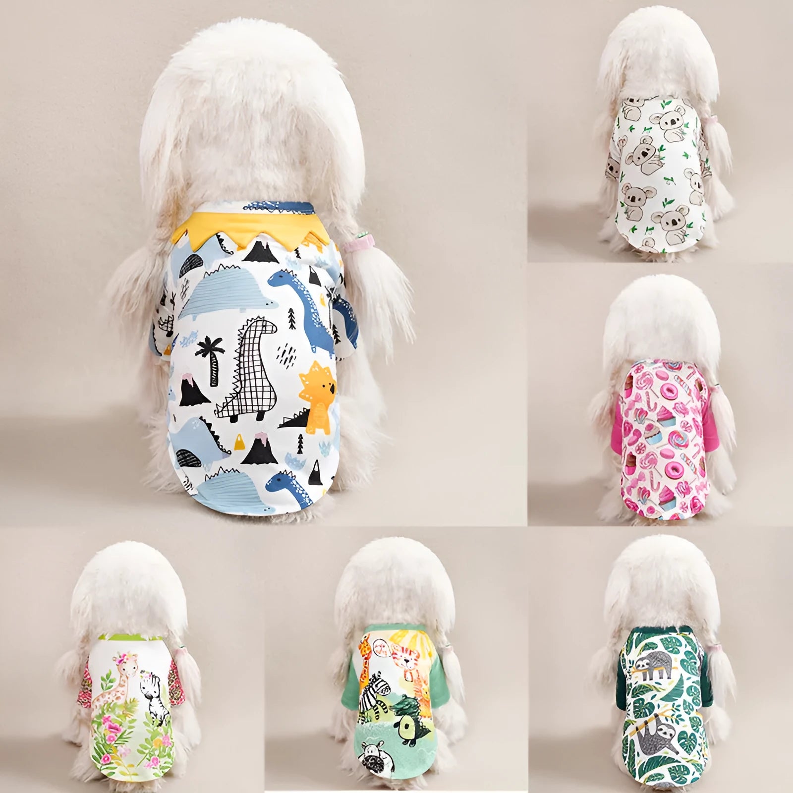 Colourful printed polyester t-shirt for a small dog, showing size options S, M, L, XL, XXL.