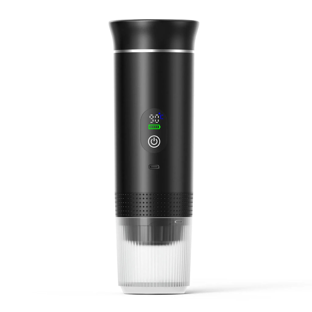 Portable electric capsule coffee machine with LCD display, black plastic body, 80ml water tank, for outdoor travel