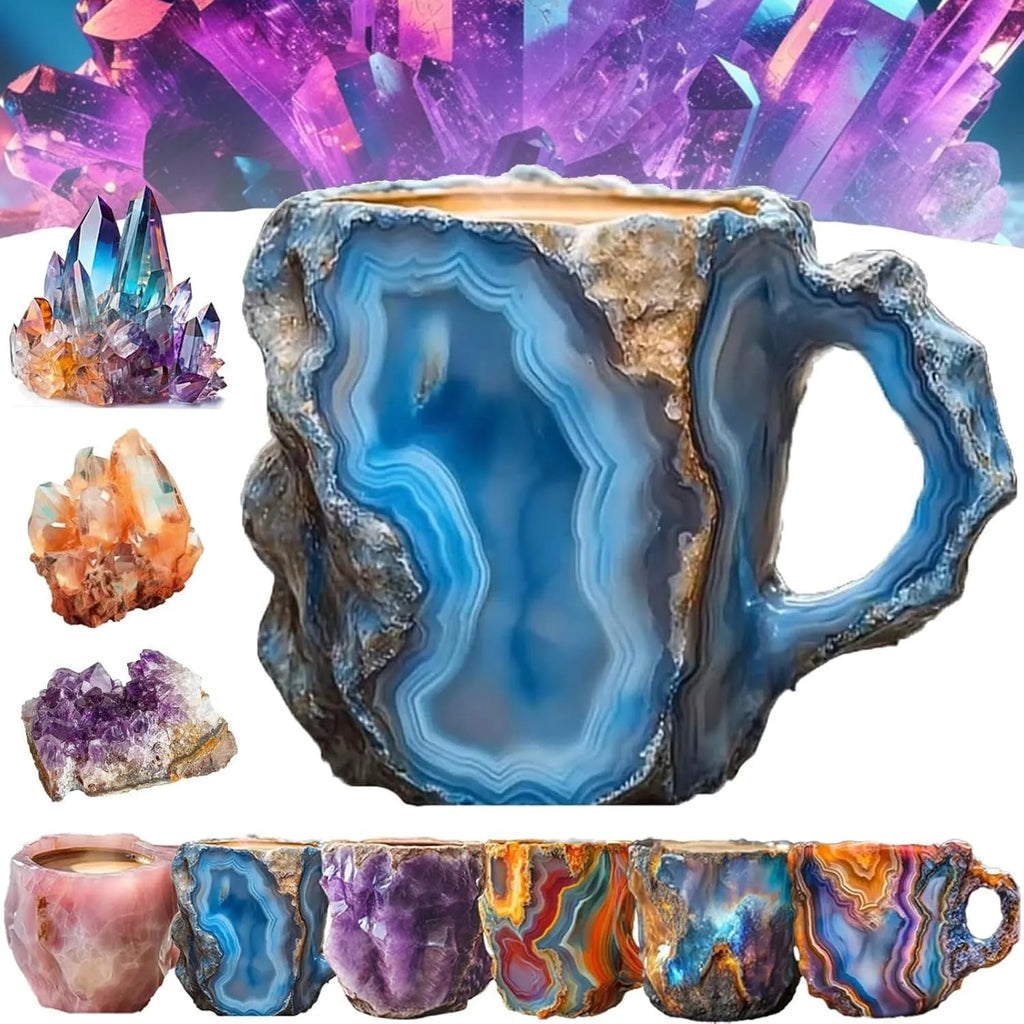 Purple resin coffee mug with 3D crystal texture and a handle on a wooden table.